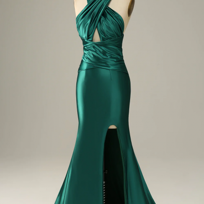 Dark Green Halter Lace Up Mermaid Prom Dress With..