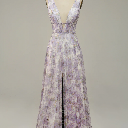 Floral Purple Printed V-neck Prom Dress With Slit
