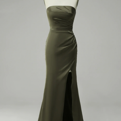 Green Strapless Satin Prom Dress With Slit