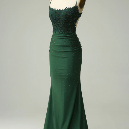 Mermaid Halter Dark Green Long Prom Dress With..