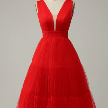 Red A Line Deep V Neck Midi Prom Dress With Open..