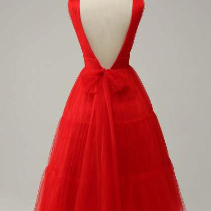 Red A Line Deep V Neck Midi Prom Dress With Open..