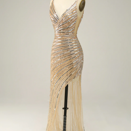 Sheath V Neck Golden Sequins Long Prom Dress With..