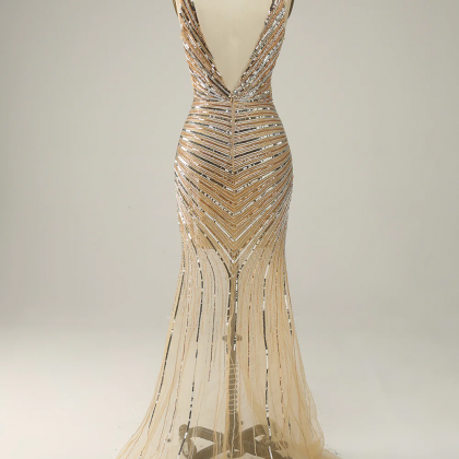 Sheath V Neck Golden Sequins Long Prom Dress With..
