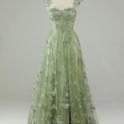 Green Corset Long Tulle Prom Dress With 3d..