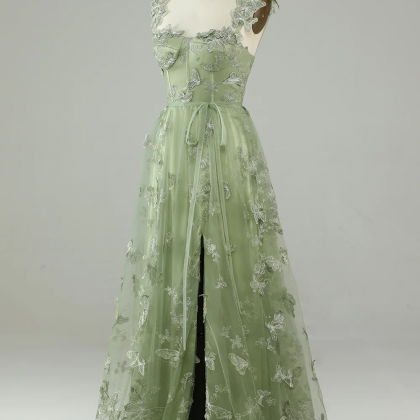 Green Corset Long Tulle Prom Dress With 3d..