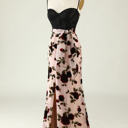 Floral Spaghetti Straps Prom Dress With Slit