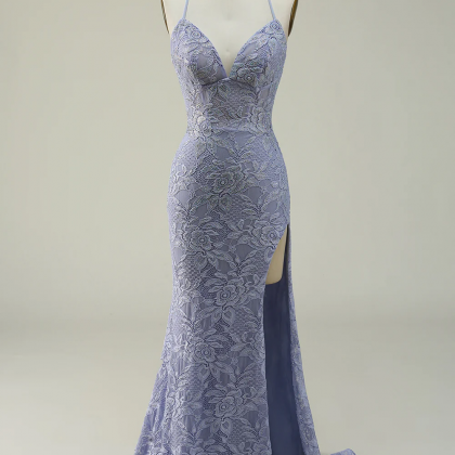 Halter Mermaid Purple Lace Long Prom Dress