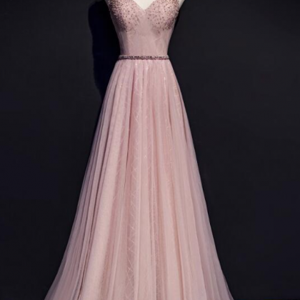 Prom Dresses, Pink V-neckline Beaded Tulle Prom..