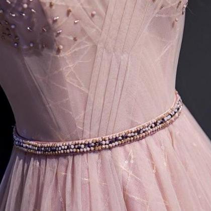 Prom Dresses, Pink V-neckline Beaded Tulle Prom..