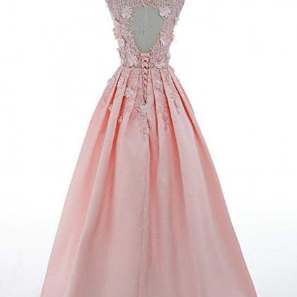 Prom Dresses, Pink Satin Flowers Floor Length..