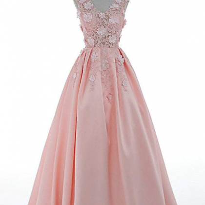 Prom Dresses, Pink Satin Flowers Floor Length..