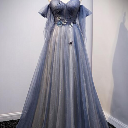 Prom Dresses, Blue And Grey Tulle Long Sweetheart..
