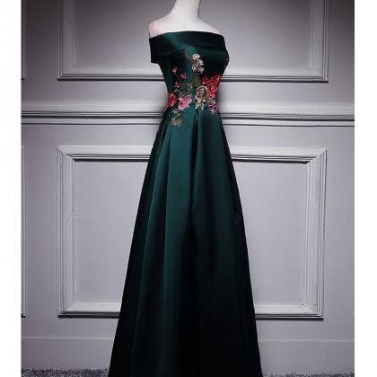 Prom Dresses, Dark Green Satin Off Shoulder Floor..