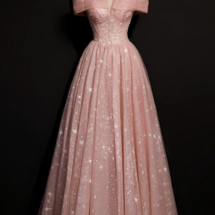 Prom Dresses, Off Shoulder Pink Tulle Long A-line..