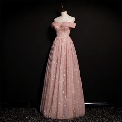 Prom Dresses, Off Shoulder Pink Tulle Long A-line..