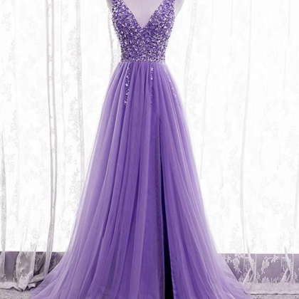 Prom Dresses, Purple Beaded V-neckline Tulle..