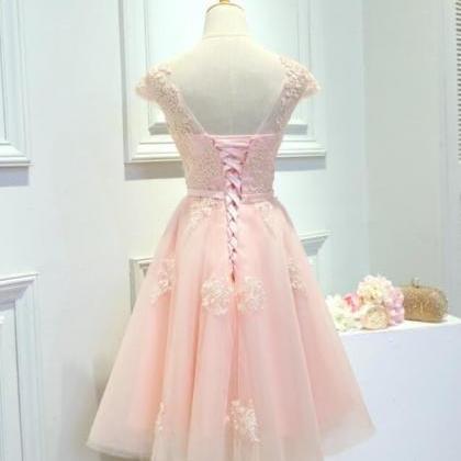 Homecoming Dresses, Pink Tulle Cap Sleeves Lace..