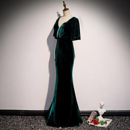 Prom Dresses, Dark Green Velvet Mermaid Slit..