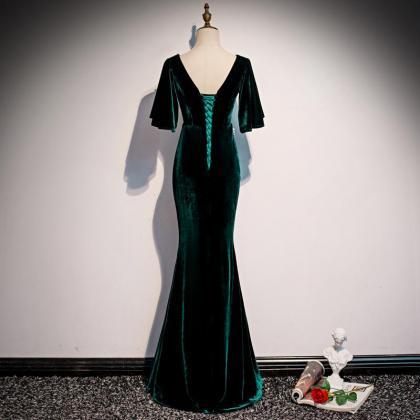 Prom Dresses, Dark Green Velvet Mermaid Slit..