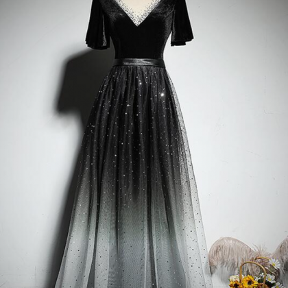 Prom Dresses, Black Gradient Tulle And Velvet..