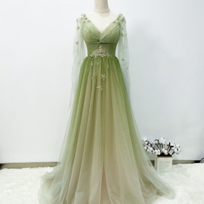 Prom Dresses, Gradient Green Prom Gown Soft Tulle..