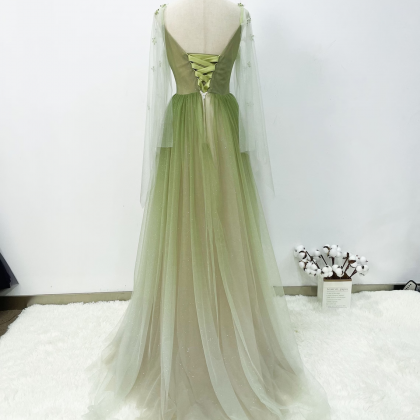 Prom Dresses, Gradient Green Prom Gown Soft Tulle..