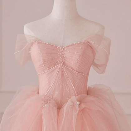 Prom Dresses, Pink Tulle Off Shoulder Lace And..