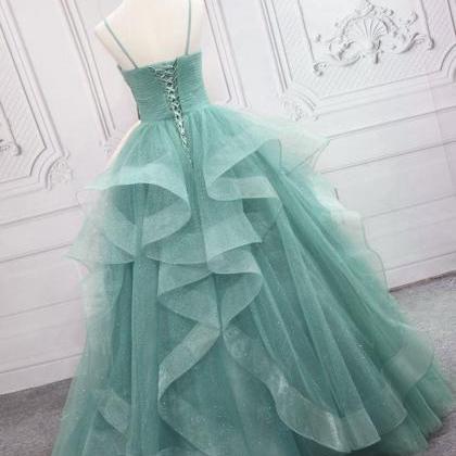 Prom Dresses, Green A-line V Neck Tulle Long Prom..