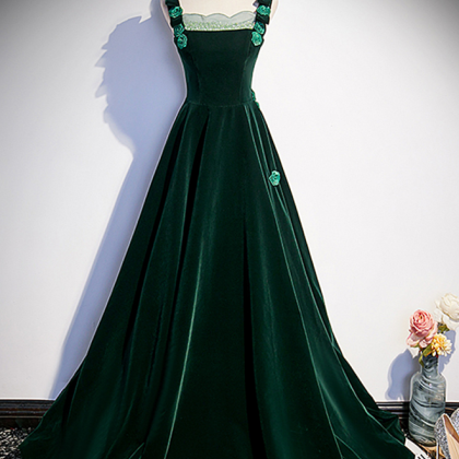 Prom Dresses,green Velvet Straps Long Formal Gown..