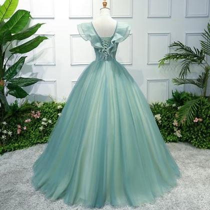 Prom Dresses,light Green Tulle With Lace Flowers..