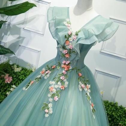 Prom Dresses,light Green Tulle With Lace Flowers..