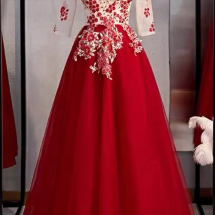 Prom Dresses,red Dress,mid Sleeve Formal Dress..