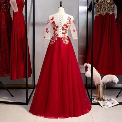 Prom Dresses,red Dress,mid Sleeve Formal Dress..