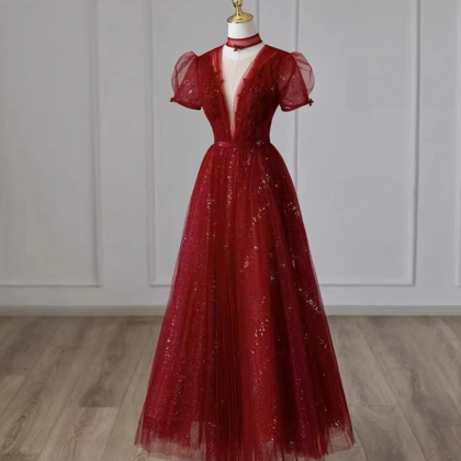 Prom Dresses,red Prom Gown, Tulle V- Neck Formal..