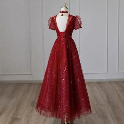Prom Dresses,red Prom Gown, Tulle V- Neck Formal..