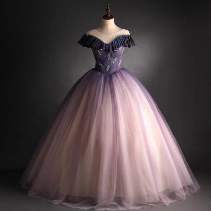 Prom Dresses,purple Party Dress, Short Sleeve Ball..