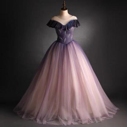 Prom Dresses,purple Party Dress, Short Sleeve Ball..