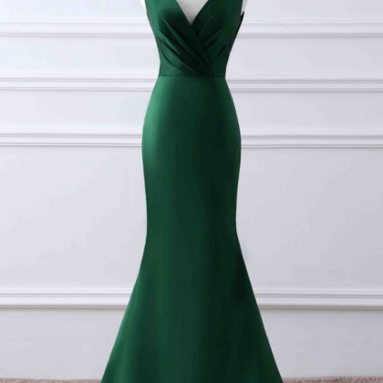 Prom Dresses,green Matte Satin Prom Dress, V-neck..