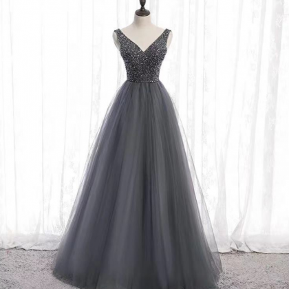 Prom Dresses, Dark Grey Party Dress V Neck Evening..
