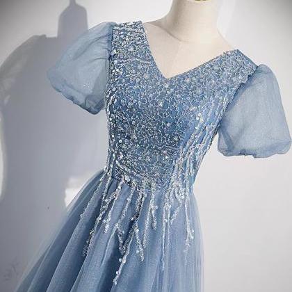 Prom Dresses, V-neck Prom Dress，blue Evening..