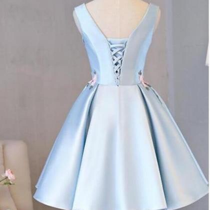 Homecoming Dresses, Light Blue Sleeveless Satin..