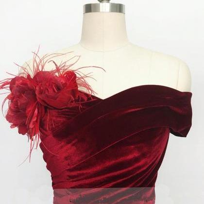 Prom Dresses,burgundy Velvet Off The Shoulder Long..