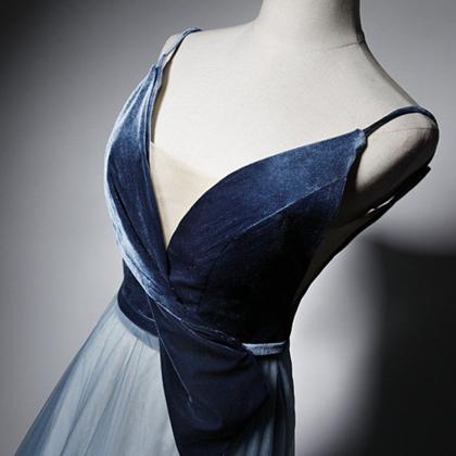 Prom Dresses, Design Blue Tulle Velvet Long V Neck..