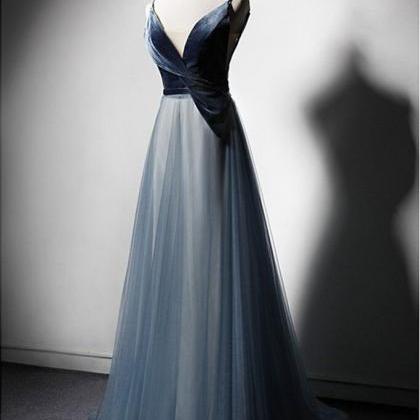 Prom Dresses, Design Blue Tulle Velvet Long V Neck..