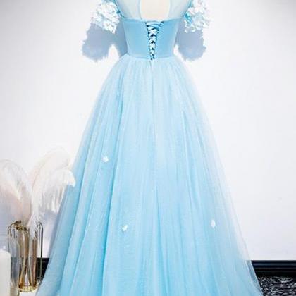 Prom Dresses,fresh Blue Tulle Satin Short Sleeve..