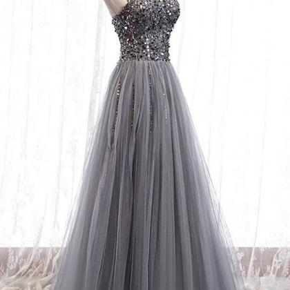 Prom Dresses,grey Sequins Beads Tulle Prom Dresses