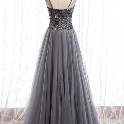 Prom Dresses,grey Sequins Beads Tulle Prom Dresses