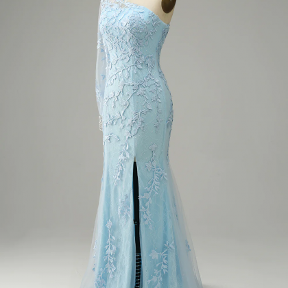 Prom Dresses,long Sky Blue One Shoulder Mermaid..