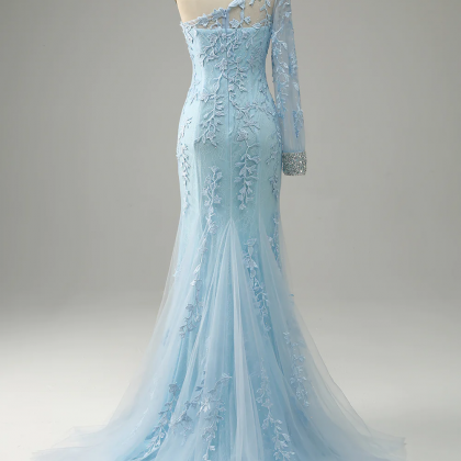 Prom Dresses,long Sky Blue One Shoulder Mermaid..